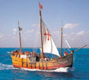The PINTA  cruising the Bay of MUJERES on her way to  CONTOY island using sistership  NIÑA's Latin main sail  as a genova